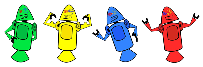 As primeiras versões de mascote android: 4 robôs, cada um com uma cor diferente que é verde, amarela, azul e vermelha, respectivamente